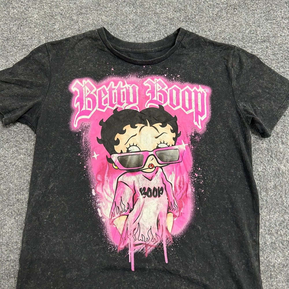 Betty Boop T-Shirt Womens Size S Black Mineral Wash Graphic Streetwear Pink Tee